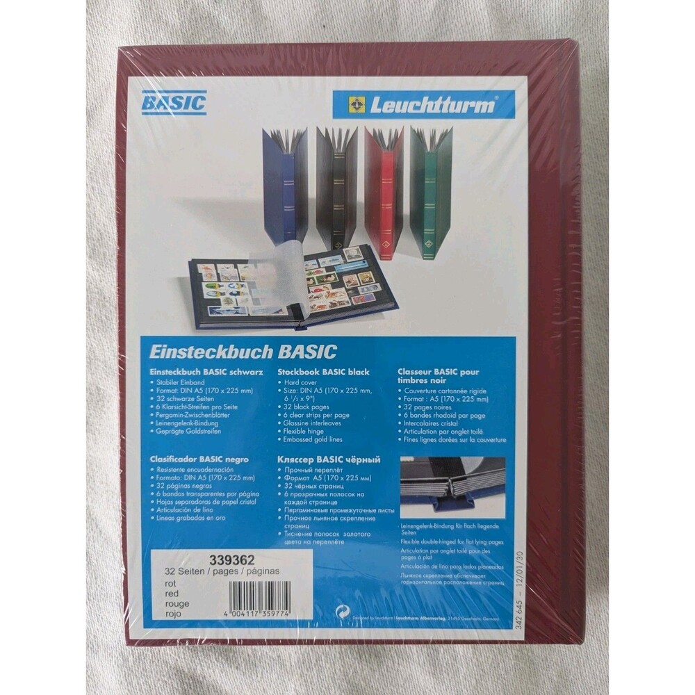 RED Leuchtturm BASIC Hard Cover Stockbook for Stamps - 32 black pages 6.5"x9"